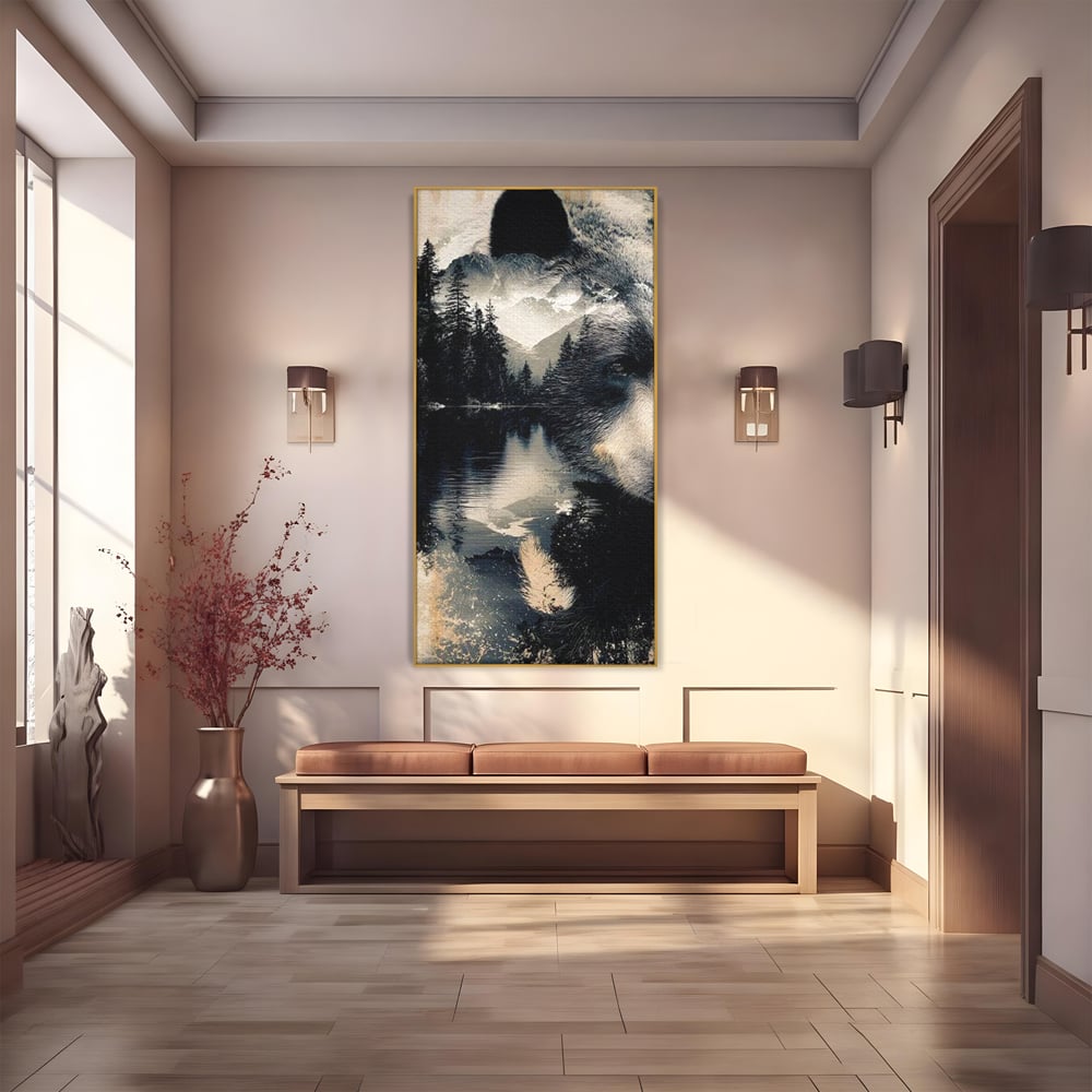 Tablou canvas cu tablou canvas cu urs si peisaj montan, in rama de aluminiu auriu